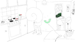 Kadr z filmu animowanego. Postać z muszlą ślimaka zamiast twarzy stoi w kuchni. Po prawej stronie znajduje się stół. Na stole leży miska z owocami oraz telefon komórkowy. Nad telefonem wisi zielona słuchawka telefoniczna.