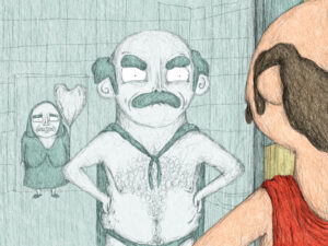 Kadr z filmu animowanego. Rysunek przedstawia mężczyznę w pelerynie patrzącego w lustro. W lustrze widać jego odbicie i postać kobiety z balonem w kształcie serca w dłoni.