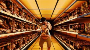 Kadr z filmu animowanego. Wnętrze sklepu. W jednej z alejek sklepowych stoi mężczyzna w czarnych okularach i mikrofonem w dłoni. Wzdłuż alejki na półkach po obu stronach znajdują się kartony z różnymi zabawkami.