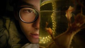 pół twarzy osoby o azjatyckich rysach twarzy w okularach, po drugiej stronie kadru jakby refleksy w lustrze, przypominające owady lub rośliny kształty.