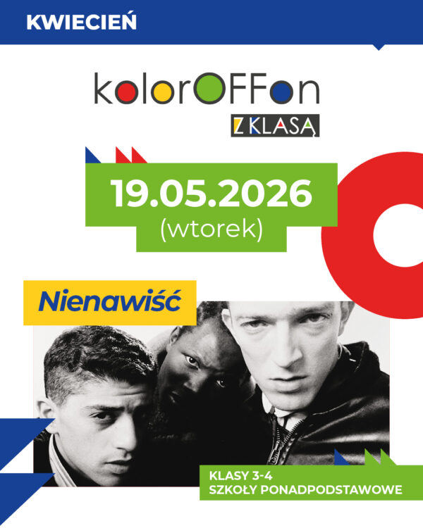 kolorowa grafika promująca seans z cyklu kolorofon, przedstawiająca 2 mężczyzn - 2 białych, jednego czarnoskórego, patrzących poważnie w obiektyw