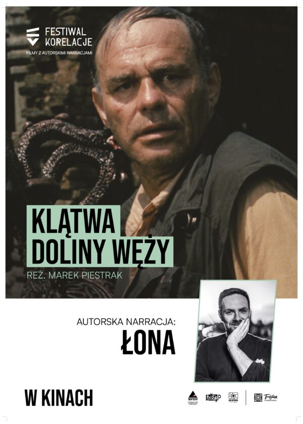 plakat. kadr z filmu - mężczyzna dojrzały, w wężem za plecami. poniżej młody mężczyzna w bluzie - zdjęcie czarno-białe - podpiera dłonią brodę.