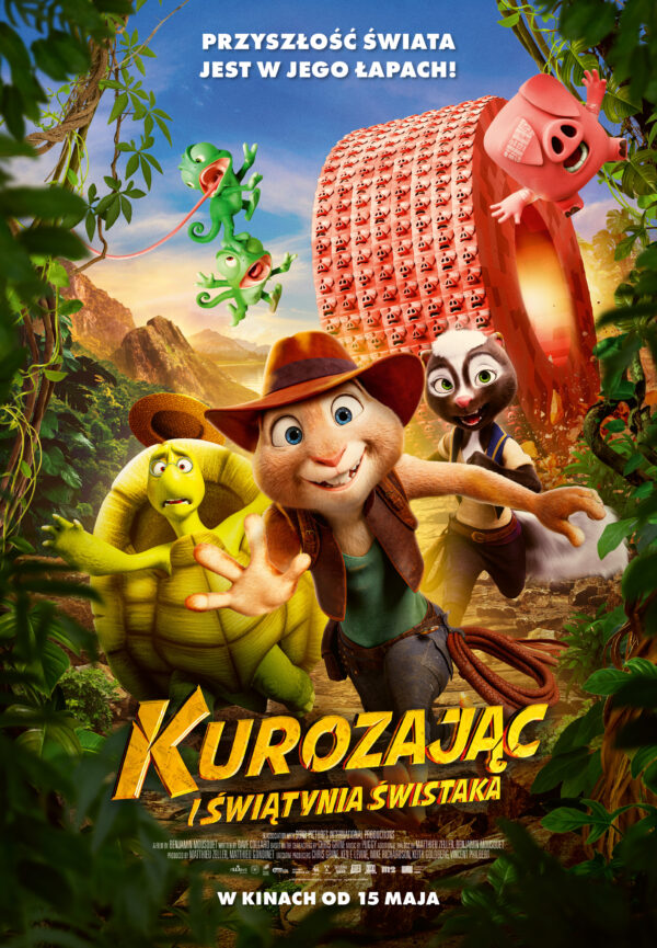 biegnący zając w kapeluszu, stroju jak indiana jones. za nim inne zwierzęta. plakat na bazie kadru z animacji.