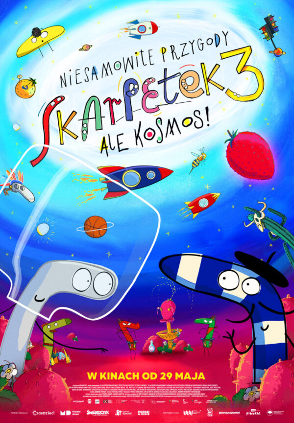 plakat. na pierwszym planie dwie kolorowe skarpetki z oczami i ustami, rozmawiają. w tle kosmos, inne żywe skarpetki, różne unoszące się obiekty, np. rakieta, truskawka.