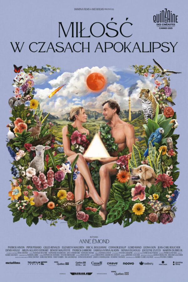 plakat. grafika przedstawia mężczyznę i kobietę, nagich, osłoniętych bujną roślinnością i otoczonych przez nią, trzymających świetlisty trójkąt. w tle chmury i czerwone słońce.