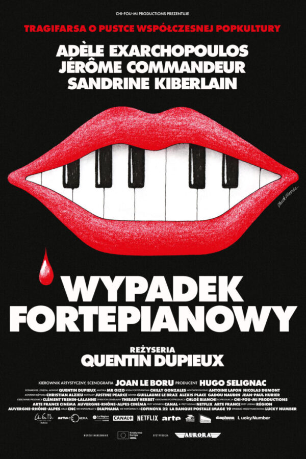 plakat. na czarnym tle uśmiech, klawiatura fortepianu zamiast zębów