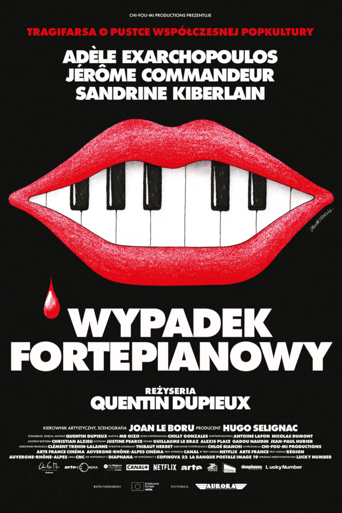 plakat. na czarnym tle uśmiech, klawiatura fortepianu zamiast zębów