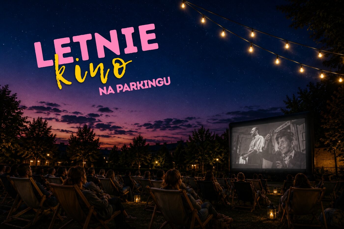 Grafika promująca letnie kino plenerowe. Na tle nocnego, rozgwieżdżonego nieba i zachodu słońca widoczna jest publiczność siedząca na leżakach przed dużym ekranem kinowym. Nad widzami rozwieszone są girlandy świecących lampek. W lewym górnym rogu znajduje się napis „LETNIE kino NA PARKINGU” w różowych i żółtych kolorach. Atmosfera jest ciepła, wakacyjna i sprzyja wspólnemu oglądaniu filmów na świeżym powietrzu.