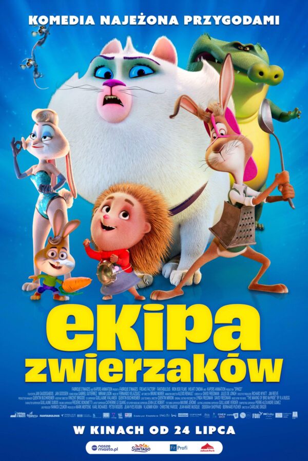 plakat filmu animowanego. na niebieskim tle zwierzaki - jeż, duży biały kot, lis, krokodyl i inne, stoją w ekspresyjnych pozach