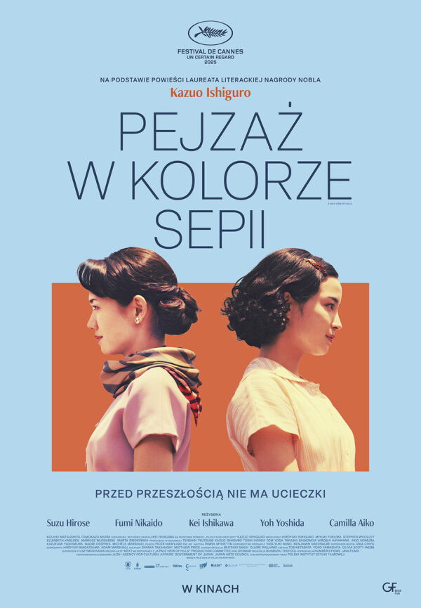 dwie kobiety o azjatyckich rysach twarzy zwrócone plecami do siebie, na pomarańczowo -niebieskim tle. plakat.