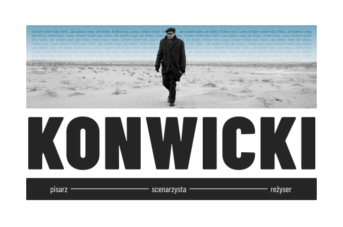 plakat. plażą idzie mężczyzna ubrany na czarno. kadr pokrywają częściowo litery jakiegoś tekstu