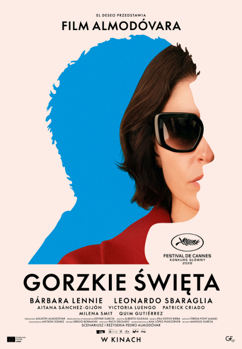 wpisany w niebieską sylwetkę męską portret kobiety szatynki w okularach przeciwsłonecznych