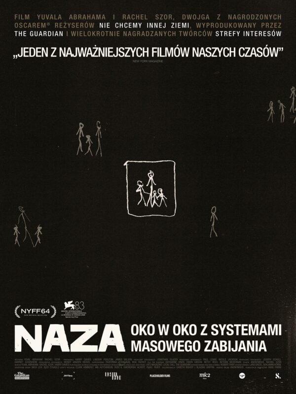plakat. na czarnym tle małe rysunki białą kreską, przedstawiające uproszczone sylwetki ludzi
