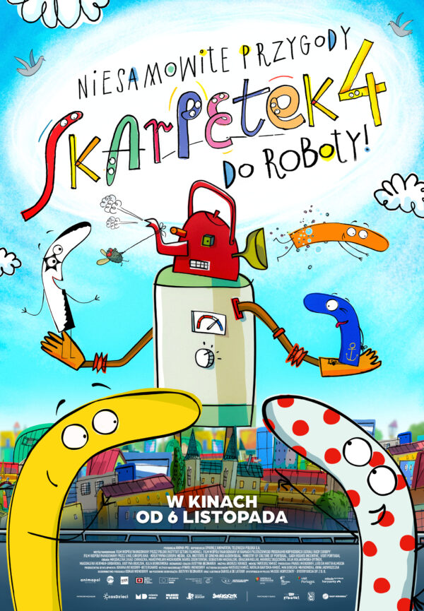 plakat. na tle nieba robot zbudowany m.in. z czajnika i bojlera, trzyma w rękach skarpetki z twarzami