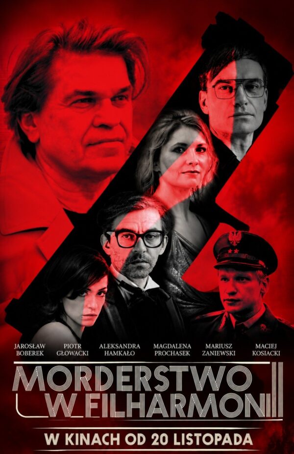 plakat. czerwonawy kadr z różnymi postaciami, część z nich sportretowana jest na czarnym tle w obrysie o kształcie rewolweru