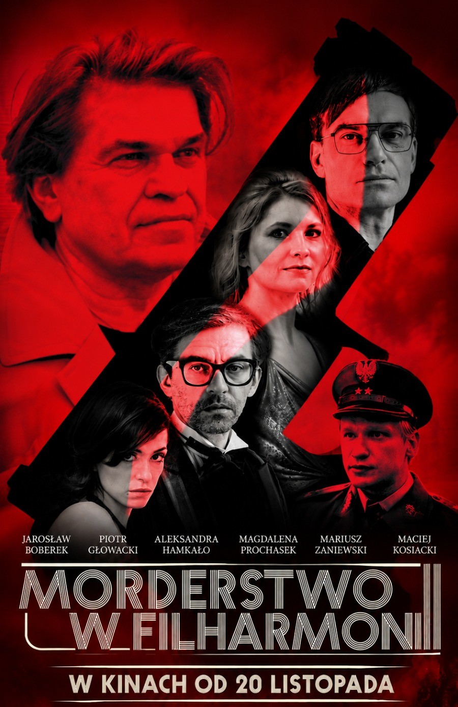 plakat. czerwonawy kadr z różnymi postaciami, część z nich sportretowana jest na czarnym tle w obrysie o kształcie rewolweru